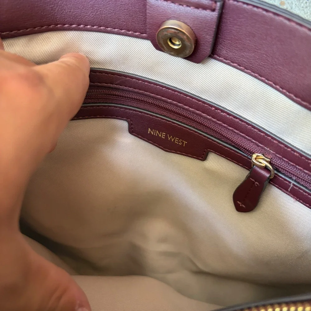 Nine West Burgundy Quilted Monogram Satchel Crossbody Handbag Gold Hardware